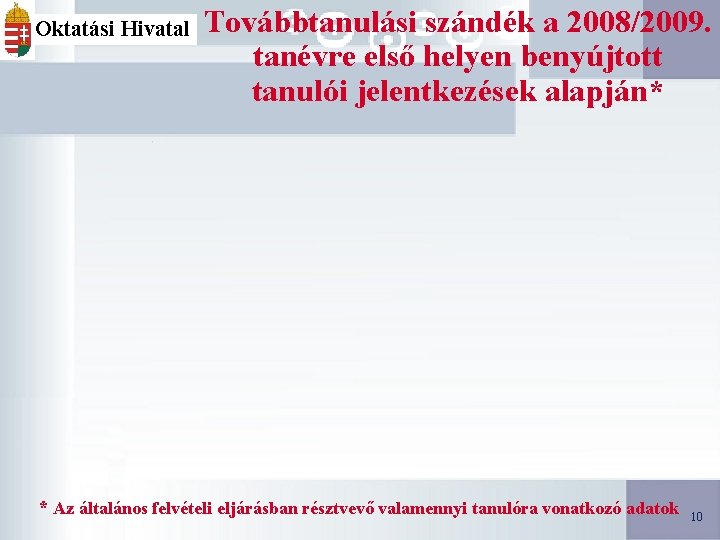 Oktatási Hivatal Továbbtanulási szándék a 2008/2009. tanévre első helyen benyújtott tanulói jelentkezések alapján* 10