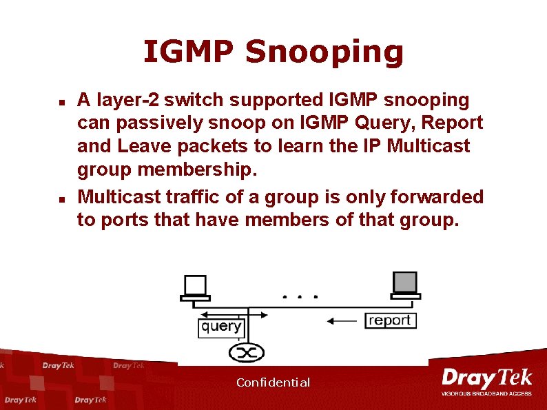 IGMP Snooping n n A layer-2 switch supported IGMP snooping can passively snoop on