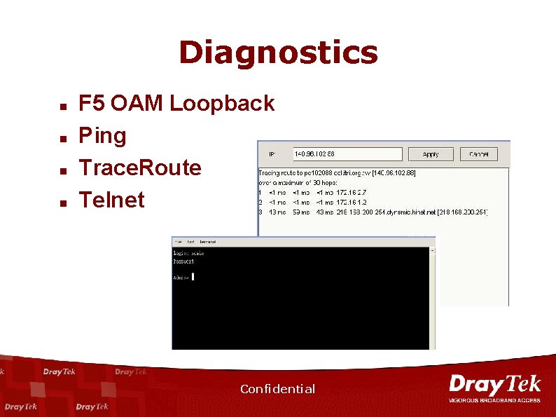 Diagnostics n n F 5 OAM Loopback Ping Trace. Route Telnet Confidential 