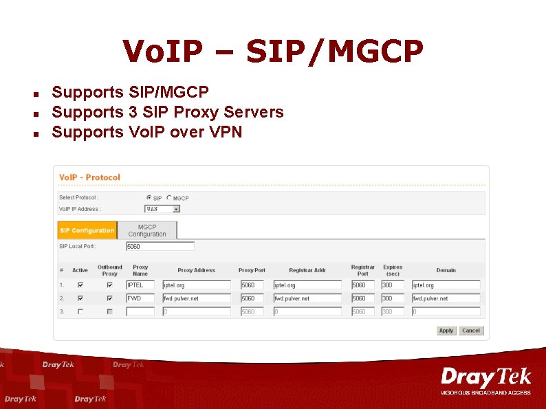 Vo. IP – SIP/MGCP n n n Supports SIP/MGCP Supports 3 SIP Proxy Servers