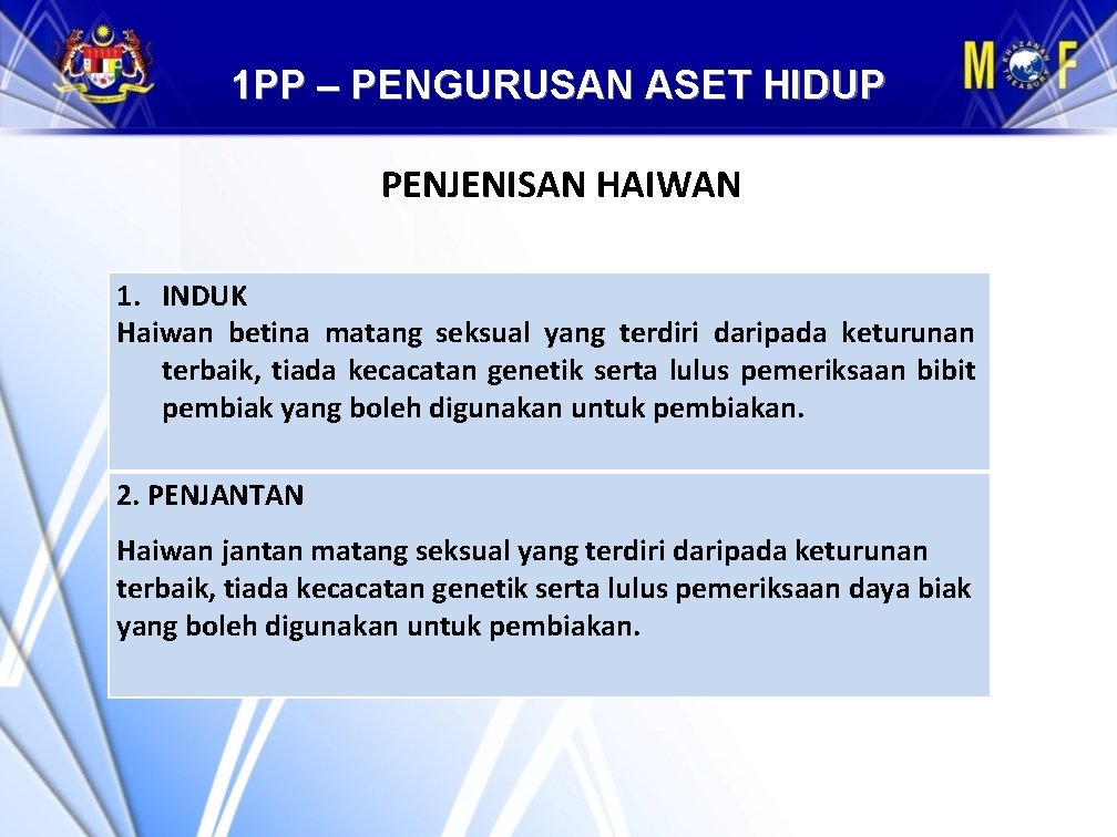 1 PP – PENGURUSAN ASET HIDUP PENJENISAN HAIWAN 1. INDUK Haiwan betina matang seksual