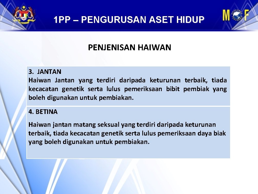 1 PP – PENGURUSAN ASET HIDUP PENJENISAN HAIWAN 3. JANTAN Haiwan Jantan yang terdiri