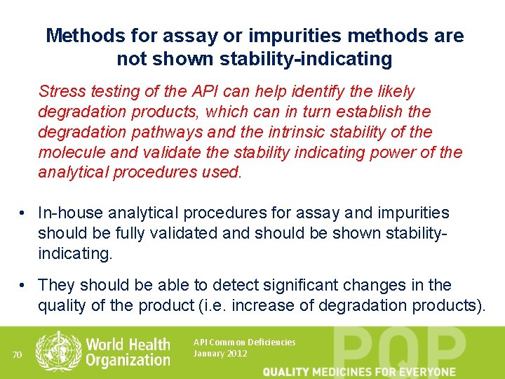 Methods for assay or impurities methods are not shown stability-indicating Stress testing of the