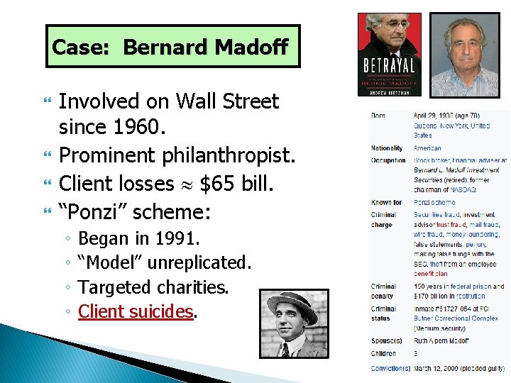 Case: Bernard Madoff Involved on Wall Street since 1960. Prominent philanthropist. Client losses $65