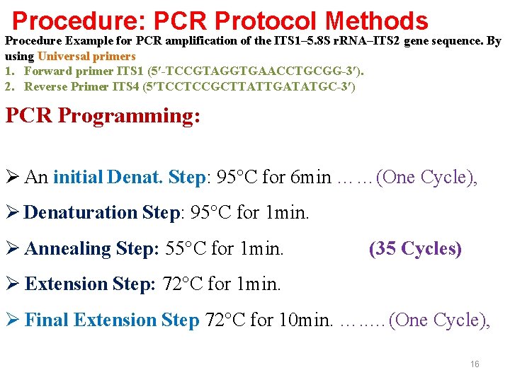 Procedure: PCR Protocol Methods Procedure Example for PCR amplification of the ITS 1– 5.