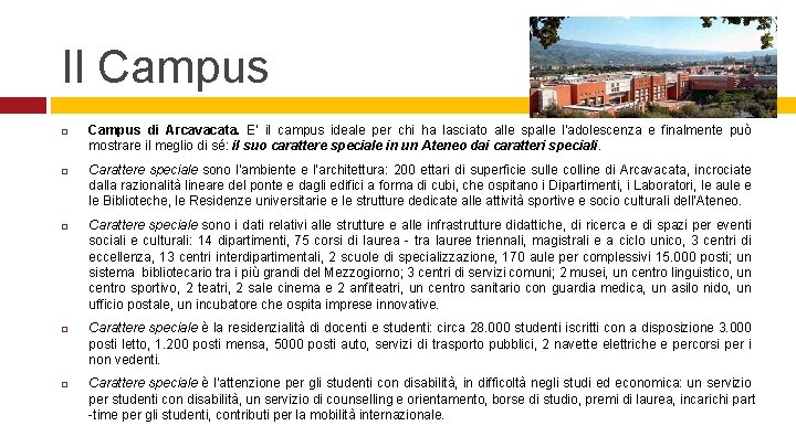 Il Campus Campus di Arcavacata. E’ il campus ideale per chi ha lasciato alle