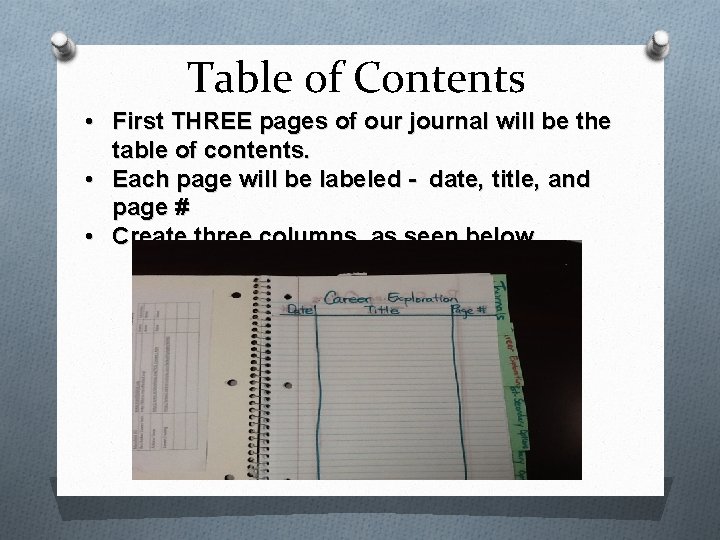 Table of Contents • First THREE pages of our journal will be the table