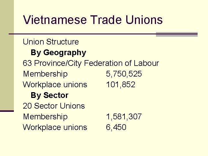 Vietnamese Trade Unions Union Structure By Geography 63 Province/City Federation of Labour Membership 5,