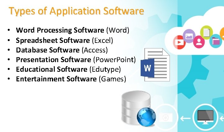 Types of Application Software • • • Word Processing Software (Word) Spreadsheet Software (Excel)
