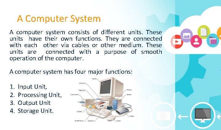 A Computer System A computer system consists of different units. These units have their