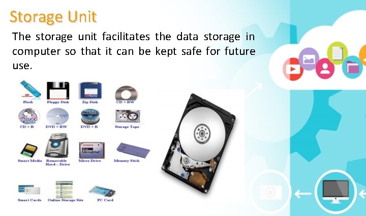 Storage Unit The storage unit facilitates the data storage in computer so that it