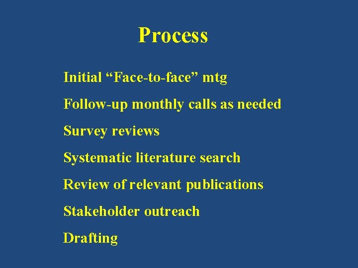 Process Initial “Face-to-face” mtg Follow-up monthly calls as needed Survey reviews Systematic literature search Process Initial “Face-to-face” mtg Follow-up monthly calls as needed Survey reviews Systematic literature search