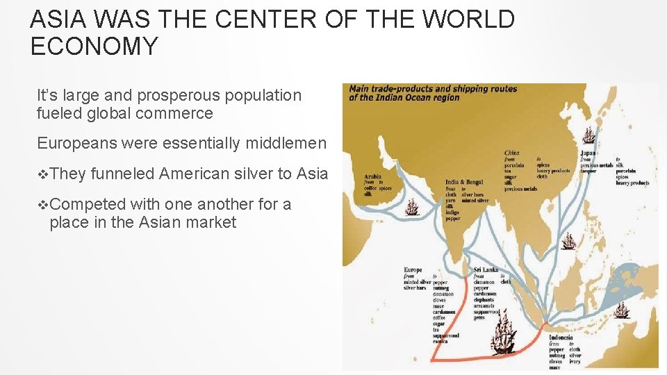 ASIA WAS THE CENTER OF THE WORLD ECONOMY It’s large and prosperous population fueled