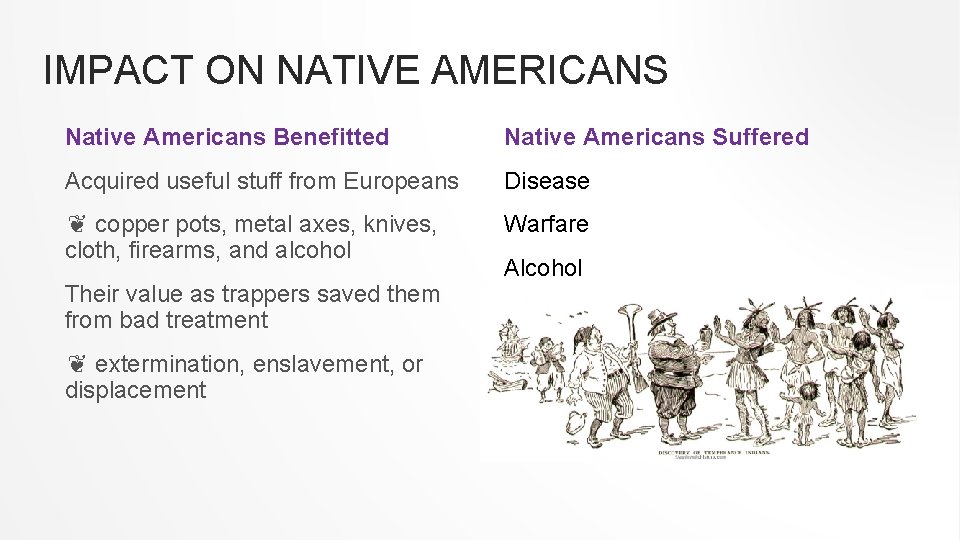 IMPACT ON NATIVE AMERICANS Native Americans Benefitted Native Americans Suffered Acquired useful stuff from