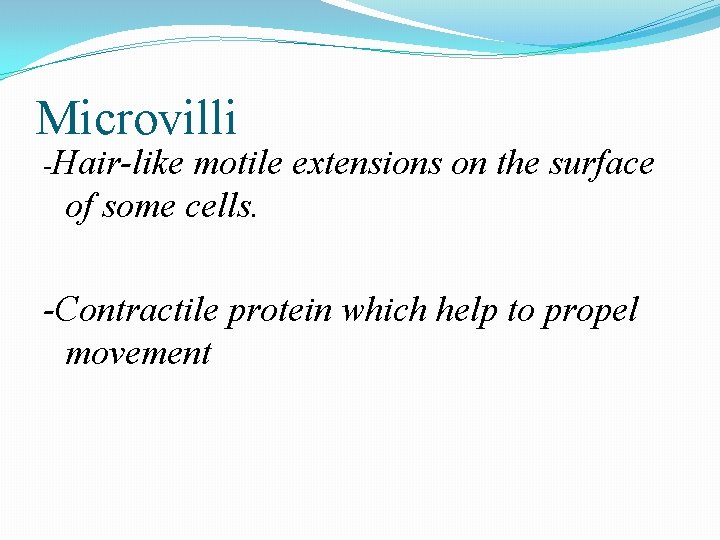 Microvilli -Hair-like motile extensions on the surface of some cells. -Contractile protein which help