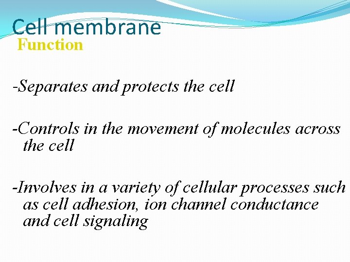 Cell membrane Function -Separates and protects the cell -Controls in the movement of molecules