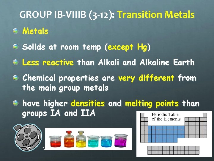 GROUP IB-VIIIB (3 -12): Transition Metals Solids at room temp (except Hg) Less reactive