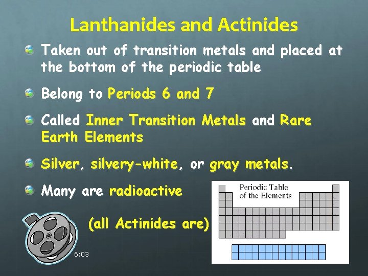 Lanthanides and Actinides Taken out of transition metals and placed at the bottom of