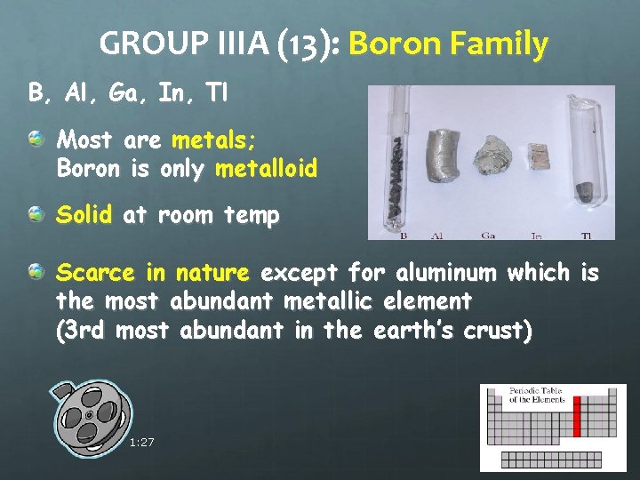 GROUP IIIA (13): Boron Family B, Al, Ga, In, Tl Most are metals; Boron