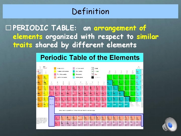 Definition � PERIODIC TABLE: an arrangement of elements organized with respect to similar traits