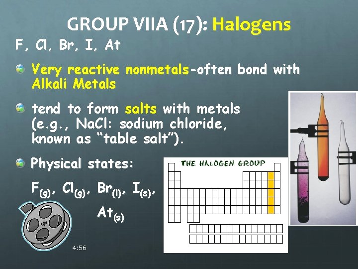 GROUP VIIA (17): Halogens F, Cl, Br, I, At Very reactive nonmetals-often bond with