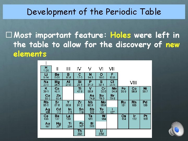 Development of the Periodic Table � Most important feature: Holes were left in the