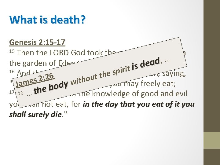 What is death? Genesis 2: 15 -17 15 Then the LORD God took the