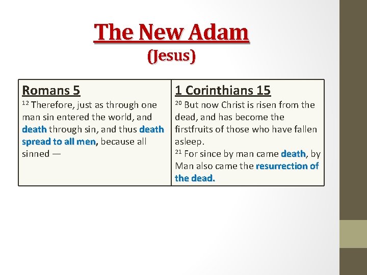 The New Adam (Jesus) Romans 5 1 Corinthians 15 12 20 Therefore, just as