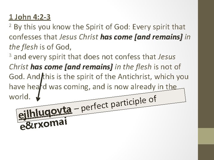 1 John 4: 2 -3 2 By this you know the Spirit of God: