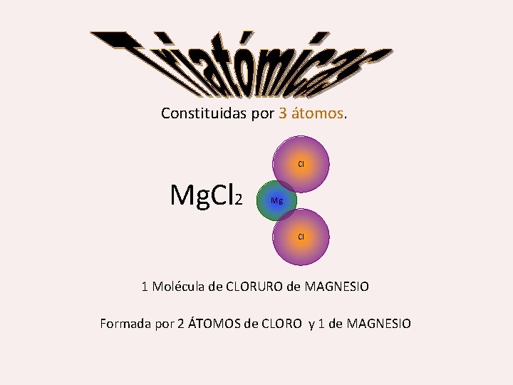 Constituidas por 3 átomos Cl Mg. Cl 2 Mg Cl 1 Molécula de CLORURO