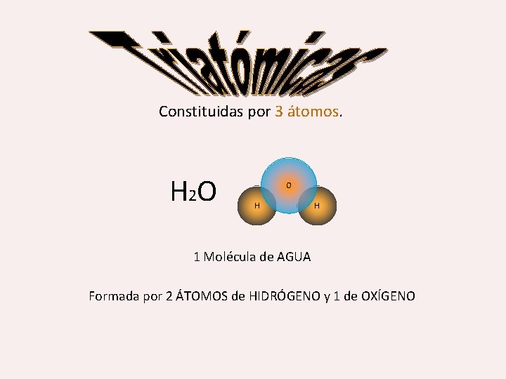 Constituidas por 3 átomos H 2 O O H H 1 Molécula de AGUA