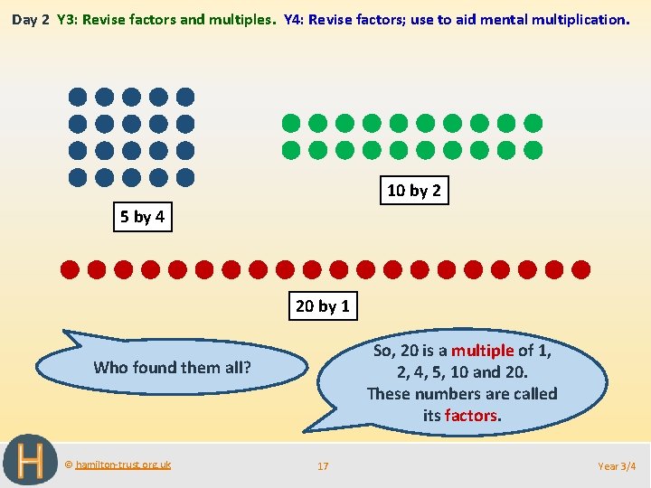 Day 2 Y 3: Revise factors and multiples. Y 4: Revise factors; use to