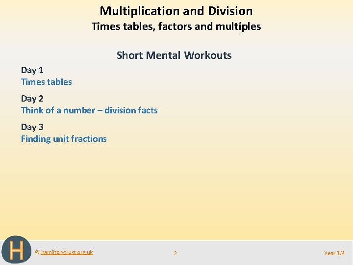 Multiplication and Division Times tables, factors and multiples Short Mental Workouts Day 1 Times