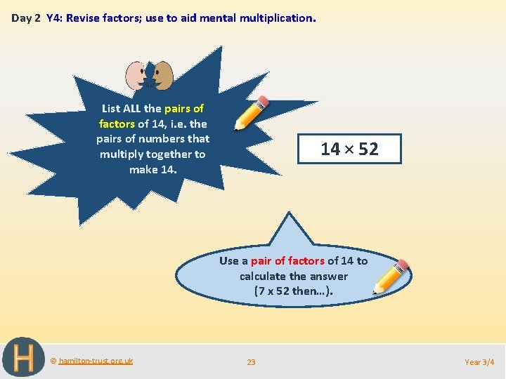 Day 2 Y 4: Revise factors; use to aid mental multiplication. List ALL the