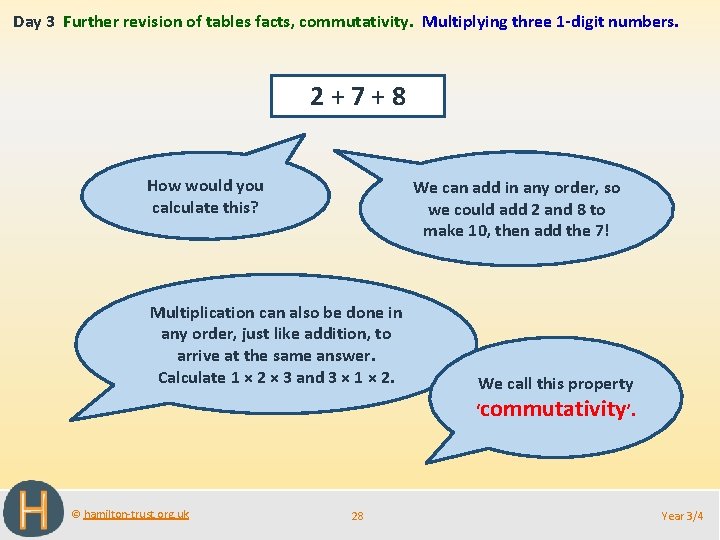 Day 3 Further revision of tables facts, commutativity. Multiplying three 1 -digit numbers. 2+7+8