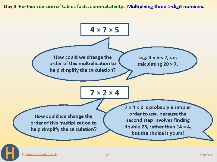 Day 3 Further revision of tables facts, commutativity. Multiplying three 1 -digit numbers. 4×