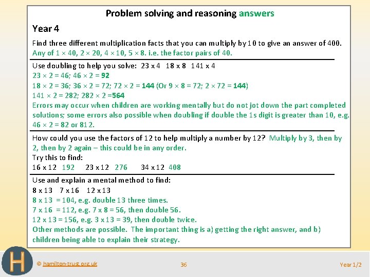 Problem solving and reasoning answers Year 4 Find three different multiplication facts that you