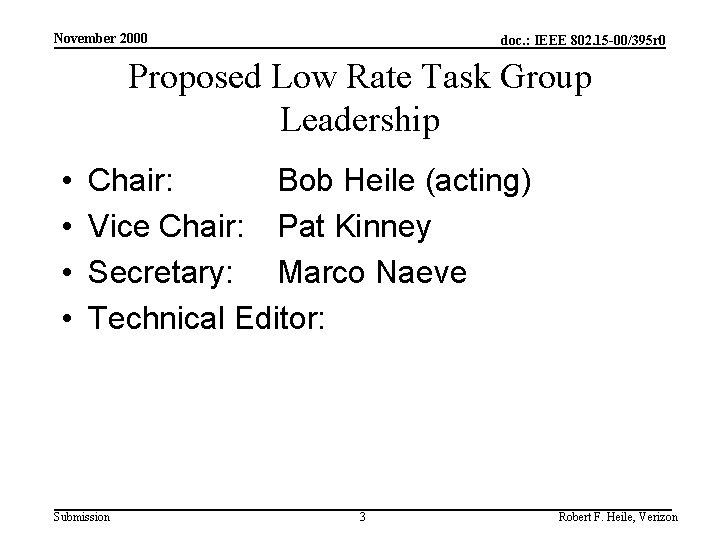 November 2000 doc. : IEEE 802. 15 -00/395 r 0 Proposed Low Rate Task