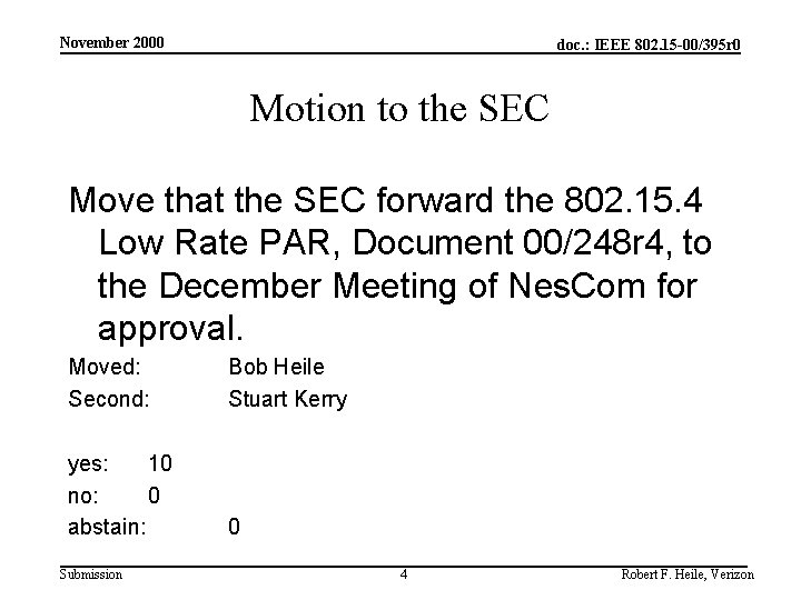 November 2000 doc. : IEEE 802. 15 -00/395 r 0 Motion to the SEC