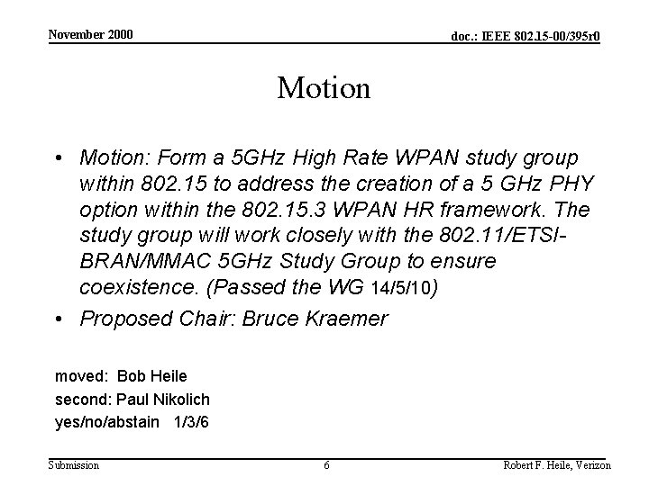 November 2000 doc. : IEEE 802. 15 -00/395 r 0 Motion • Motion: Form