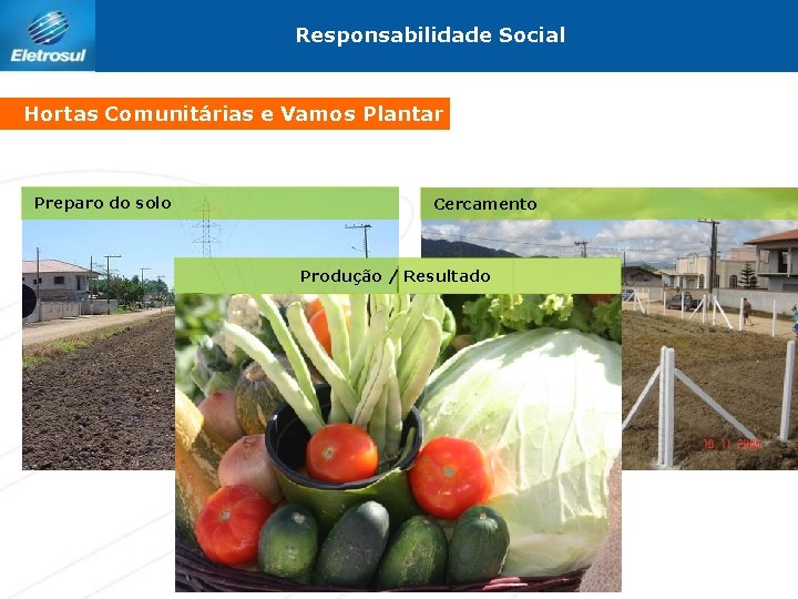 Responsabilidade Social Hortas Comunitárias e Vamos Plantar Preparo do solo Cercamento Produção / Resultado
