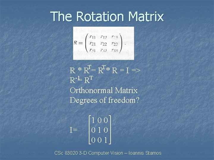 The Rotation Matrix R * RT= RT* R = I => R-1= RT Orthonormal
