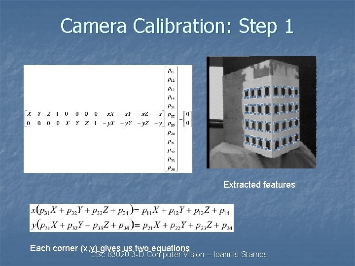 Camera Calibration: Step 1 Extracted features Each corner (x, y) gives us two equations