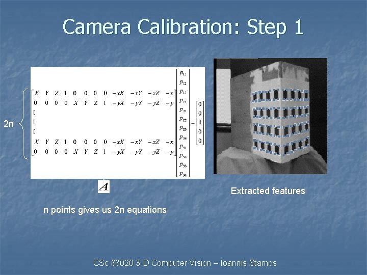 Camera Calibration: Step 1 2 n Extracted features n points gives us 2 n