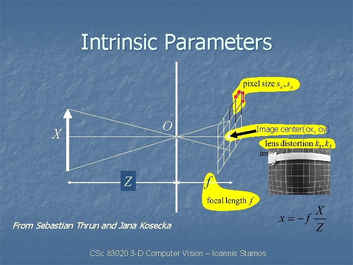 Intrinsic Parameters O X Z Image center(ox, oy) f From Sebastian Thrun and Jana