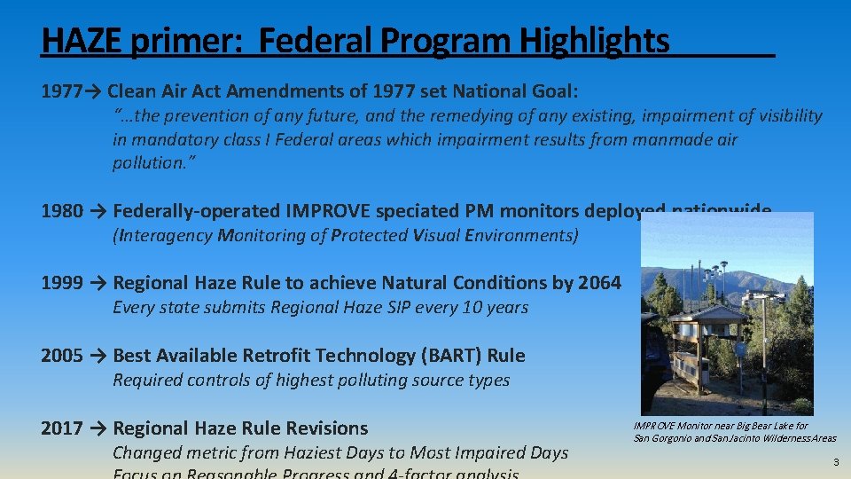 HAZE primer: Federal Program Highlights 1977→ Clean Air Act Amendments of 1977 set National