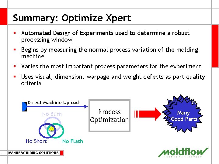Summary: Optimize Xpert § Automated Design of Experiments used to determine a robust processing