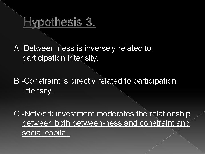 Hypothesis 3. A. -Between-ness is inversely related to participation intensity. B. -Constraint is directly