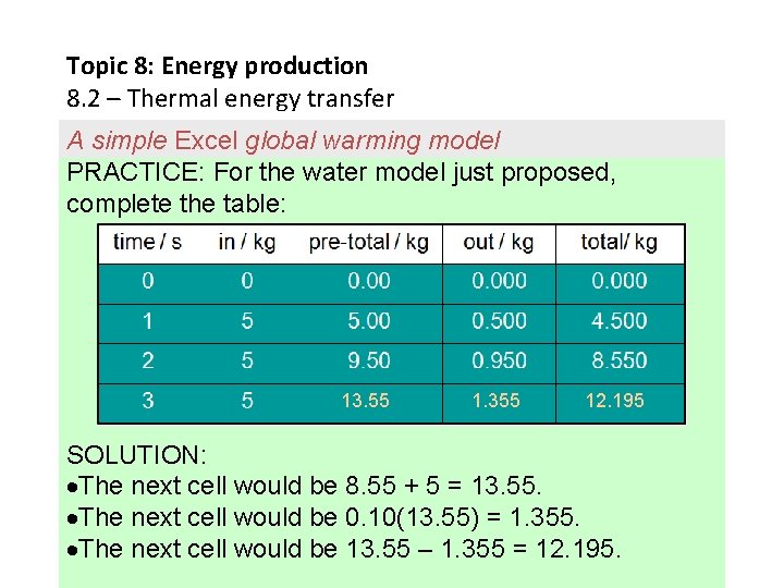 Topic 8: Energy production 8. 2 – Thermal energy transfer A simple Excel global