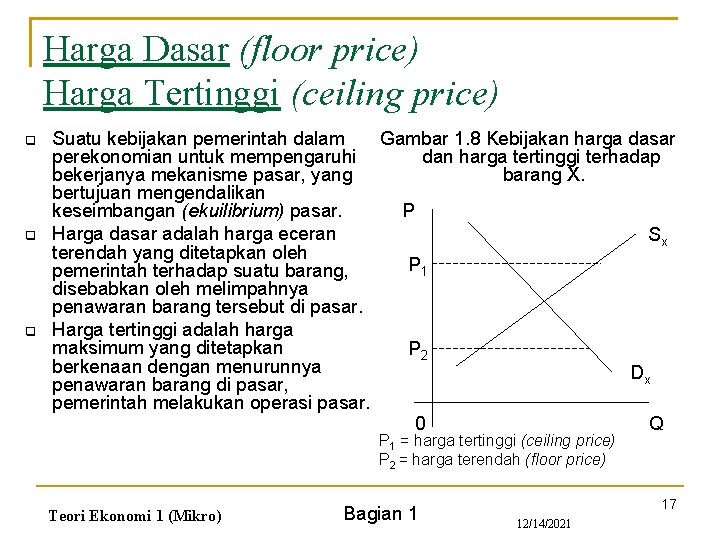 Harga Dasar (floor price) Harga Tertinggi (ceiling price) q q q Suatu kebijakan pemerintah